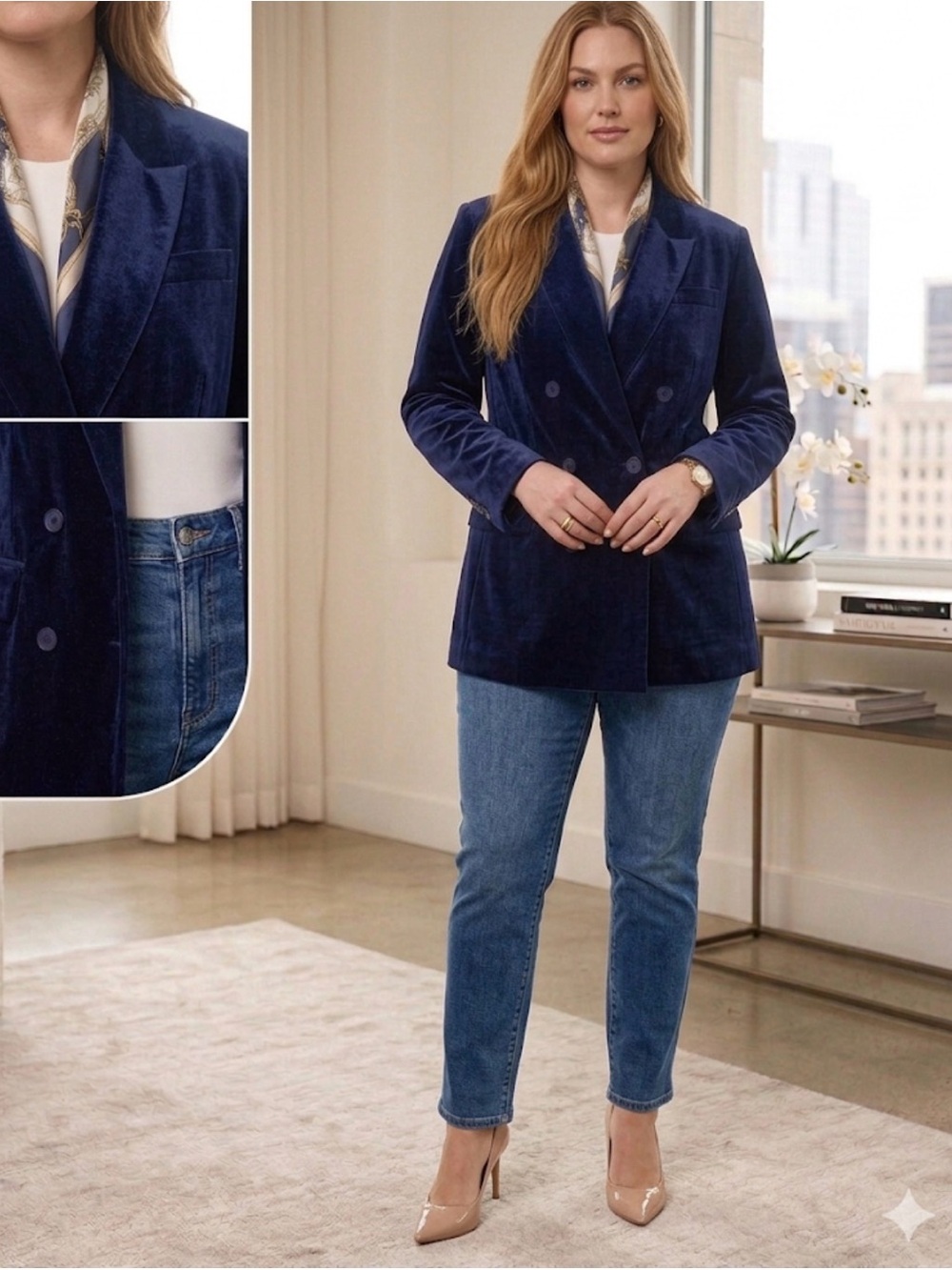 New York & Company Navy Velvet Double-Breasted Blazer XL